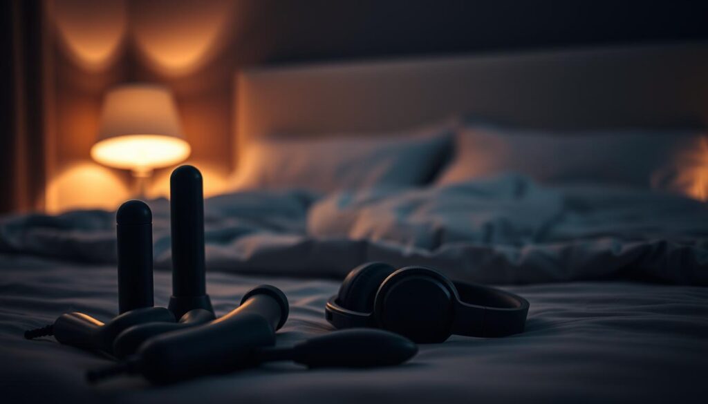 A dimly lit bedroom, soft ambient lighting casting gentle shadows. In the foreground, an array of modern, sleek sex toys artfully arranged - vibrators, dildos, and more, their forms alluring yet discreet. In the middle ground, a pair of wireless headphones rests on a plush comforter, suggesting the immersive experience of audio erotica. The background blurs into a hazy, dreamlike quality, evoking a sense of intimacy and private indulgence. The overall mood is one of subtle sensuality, inviting the viewer to imagine the pleasures of combining tactile stimulation with the rich, evocative world of erotic soundscapes.