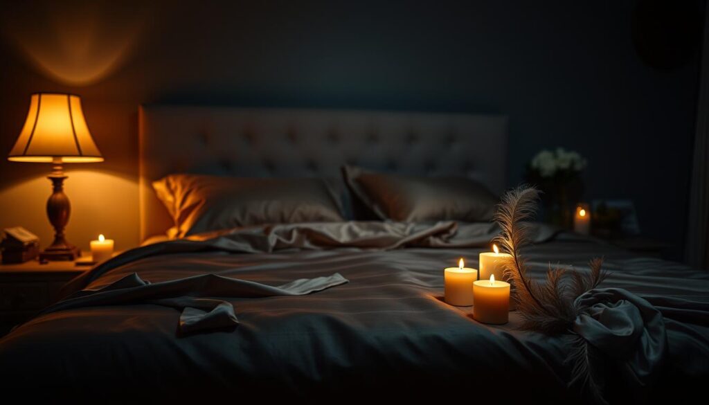 A dimly lit bedroom, soft lighting from bedside lamps casting a warm glow. Luxurious satin sheets in rich, sensual colors adorn a large bed. Candles flicker, their flames dancing, setting an intimate, seductive atmosphere. Sensual accents, such as silk scarves and feathers, are strategically placed, hinting at the promise of pleasure. The camera angle is close, emphasizing the inviting, indulgent mood, while remaining tasteful and alluring. This scene is primed for the heightened, drawn-out sensations of edging, where anticipation and control intertwine to elevate the senses.