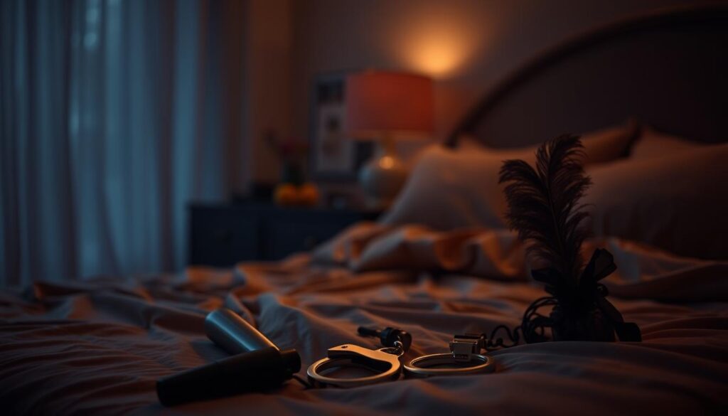 A dimly lit, cozy bedroom with soft, romantic lighting. In the foreground, a bed covered in luxurious satin sheets and an assortment of adult toys, including a vibrator, a pair of handcuffs, and a feather tickler. In the middle ground, a glimpse of a figure wearing a sheer lingerie negligee, their face hidden in shadows, hinting at a teasing, coy expression. The background is blurred, creating an intimate, sensual atmosphere.