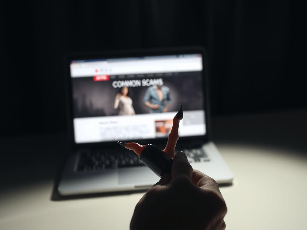A dimly lit room, the shadows casting an ominous atmosphere. In the foreground, a hand cautiously inspects a sex toy, scrutinizing it for signs of counterfeit. In the middle ground, a laptop displays a webpage, warning of common scams. The background is blurred, drawing the viewer's attention to the examination of the suspicious item. The lighting is harsh, creating stark contrasts and emphasizing the seriousness of the situation. The overall scene conveys a sense of vigilance and the need to be wary when purchasing intimate products online.