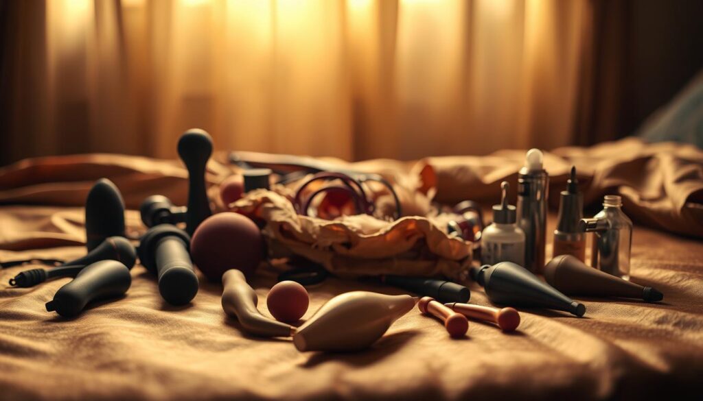 A dimly lit scene showcasing various intimate objects and accessories carefully arranged on a plush, satin-covered surface. In the foreground, an array of vibrators, massagers, and other pleasure devices in a variety of shapes, sizes, and colors. The middle ground features a sensual tangle of silk scarves, feathers, and lubricants, hinting at the tactile exploration to come. The background is softly blurred, creating a sense of intimacy and focus on the central elements. Warm, ambient lighting casts a golden glow, evoking a mood of relaxation and indulgence. Subtle shadows and highlights accentuate the curves and textures of the carefully curated items, inviting the viewer to imagine the expert techniques that could be employed.