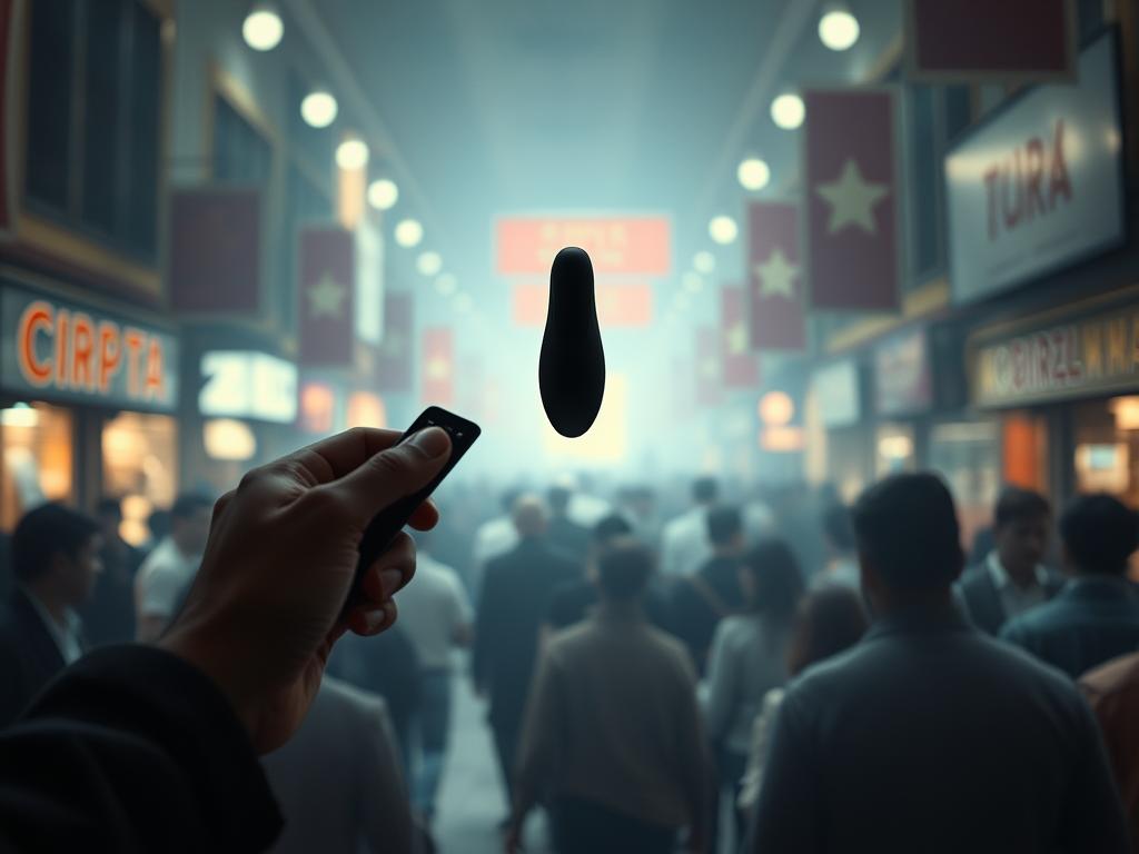 A discreet, handheld remote-controlled vibrator floats midair against a backdrop of a crowded public setting, such as a busy urban street or a bustling marketplace. The vibrator is suspended in a beam of soft, diffused lighting, drawing the viewer's gaze. In the foreground, the silhouette of a person discretely holding the remote control, their expression subtle yet suggestive. The middle ground is a detailed, realistic scene of people going about their day, unaware of the subtle, tantalizing tease happening amidst them. The overall atmosphere is one of subtle, simmering tension and anticipation, with a hint of danger and excitement.