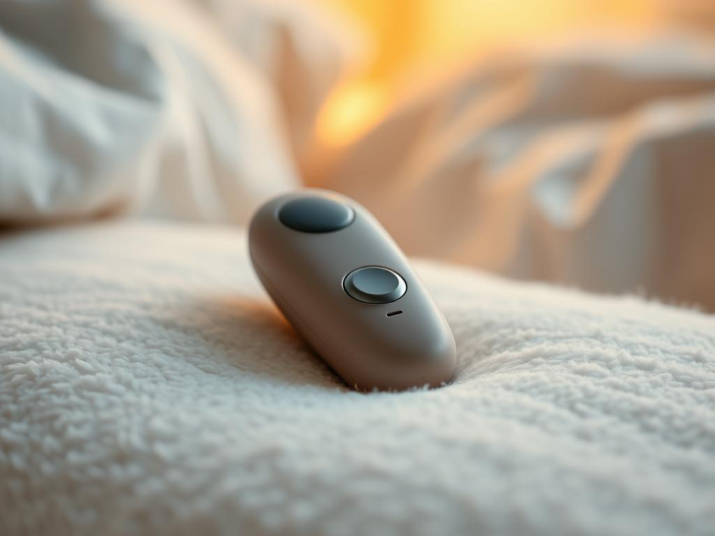 A discreet, remote-controlled vibrator rests on a soft, plush surface. The device is compact, with a sleek, minimalist design in a muted, neutral color. Gentle lighting from above casts a warm, inviting glow, highlighting the smooth, tactile texture of the vibrator. The scene is captured from a slightly elevated angle, creating a sense of intimacy and focus on the central object. The background is blurred, creating a sense of privacy and seclusion, allowing the vibrator to be the sole focus of the image.