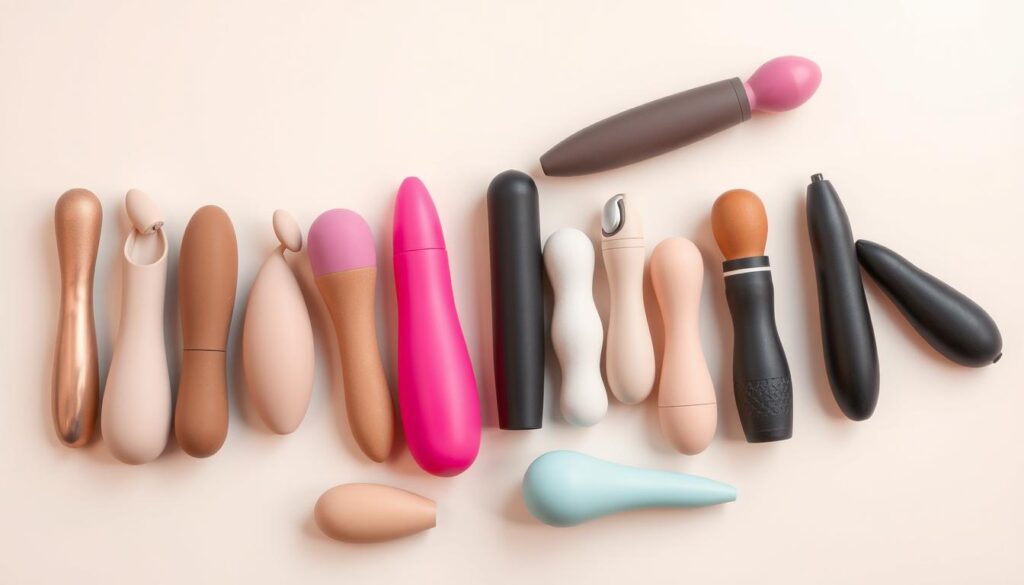 A diverse collection of vibrator types arranged artistically on a neutral background A diverse collection of vibrator types arranged artistically on a neutral background
