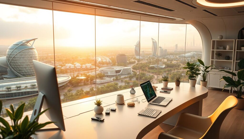 A futuristic workspace with vibrant, sustainable product features. In the foreground, an ergonomic workstation with sleek, minimalist design elements crafted from eco-friendly materials. Seamless integration of smart sensors and intuitive touch interfaces. The middle ground showcases innovative product designs with clean lines, soft hues, and biomimetic patterns inspired by nature. In the background, a panoramic view of a sustainable urban landscape with futuristic architecture, lush greenery, and renewable energy sources. Warm, diffused lighting creates a serene, harmonious atmosphere, highlighting the harmony between technology and the natural world.