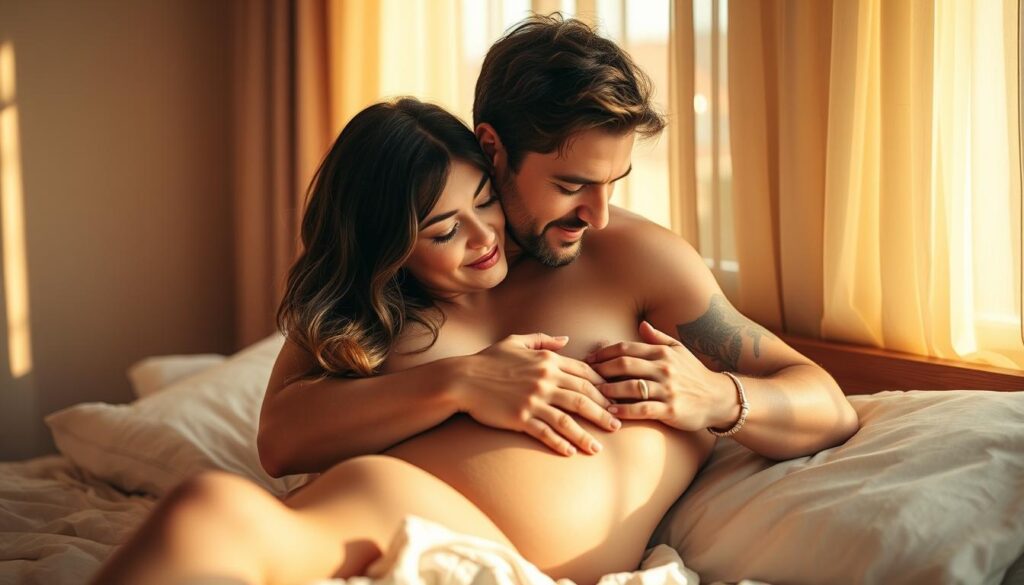 A gentle embrace shared between two loving partners, their bodies intertwined on a softly lit, cozy bed. Warm sunlight filters through sheer curtains, casting a golden glow. The couple's expressions radiate trust, intimacy, and a deep, tender connection. Their movements are unhurried, focused on savoring the moment and reconnecting after the transformative experience of childbirth. The overall atmosphere conveys a sense of safety, comfort, and the rediscovery of physical closeness in a respectful, nurturing way.