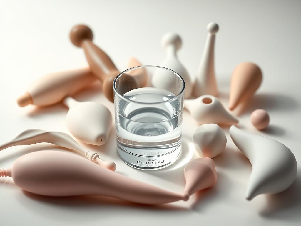 A glass container filled with clear silicone lubricant, surrounded by an assortment of smooth, modern sex toys in various shapes and sizes, arranged artfully on a minimalist white background. The toys are crafted from sleek, body-safe materials, reflecting the soft light from an unseen source, creating a sense of intimacy and sensuality. The composition emphasizes the compatibility and safe usage of silicone-based lubricants with these premium pleasure products, inviting the viewer to explore their options responsibly.