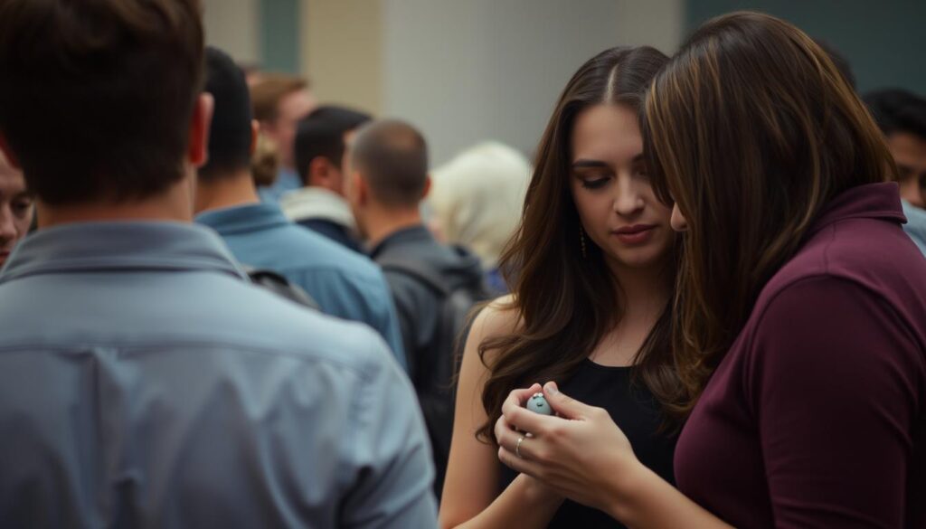A group of people engaged in discreet, intimate play in a public setting. In the foreground, two individuals are interacting with a small, unobtrusive toy, their body language conveying consent and mutual respect. In the middle ground, a third person stands nearby, observing the scene with a calm, attentive expression, serving as a silent chaperone. The background is softly blurred, suggesting a crowded yet private atmosphere, with muted colors and subtle lighting that evokes a sense of discretion and intimacy. The overall mood is one of quiet understanding, where personal boundaries are respected, and pleasure is pursued with mindfulness and care.