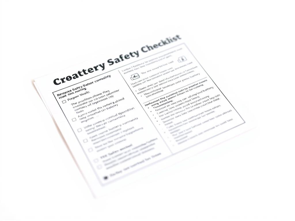 A high-contrast, well-lit close-up photograph of a battery safety checklist, capturing the details and layout of the document against a plain white background. The checklist should be neatly arranged, with clearly legible text and icons conveying key safety information such as proper usage, storage, and disposal guidelines. The image should have a clean, professional aesthetic, with a sense of organization and attention to detail to reflect the importance of battery safety for remote-controlled toys.