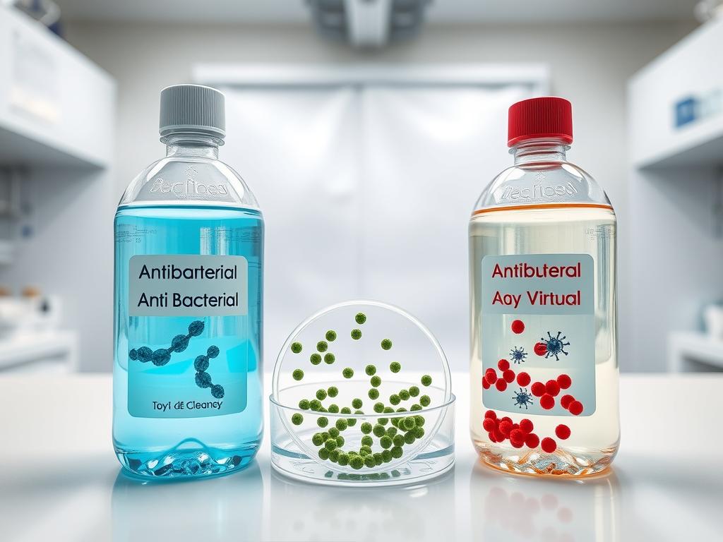 A high-definition, photorealistic image of a comparative analysis of the disinfectant efficacy of antibacterial and antiviral toy cleaners. The foreground features two transparent bottles filled with cleaning solutions, one labeled "Antibacterial" and the other "Antiviral". The middle ground showcases a petri dish with bacterial colonies and a second dish with viral particles, visually demonstrating the cleaning capabilities of each solution. The background is a clean, clinical laboratory setting with sterile equipment and a white backdrop, creating a professional, scientific atmosphere. The lighting is bright and even, accentuating the details of the solutions and the experimental materials. The camera angle is slightly elevated, providing a clear, unobstructed view of the comparative analysis.