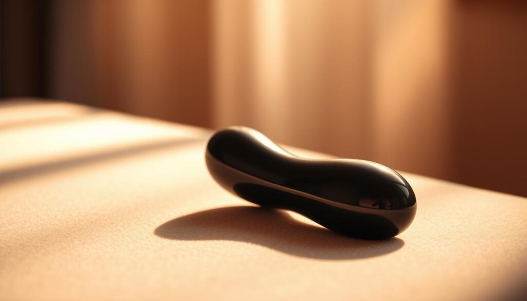A high-end, modern clitoral stimulation toy, elegantly designed with a sleek, sculpted silhouette. The toy sits on a soft, velvet-like surface, illuminated by warm, indirect lighting that casts subtle shadows, creating an inviting, sensual atmosphere. The toy's curves and contours are meticulously detailed, highlighting its premium craftsmanship. The foreground is in sharp focus, while the background is softly blurred, directing the viewer's attention to the central object. The overall composition conveys a sense of sophistication, quality, and the promise of intimate pleasure.