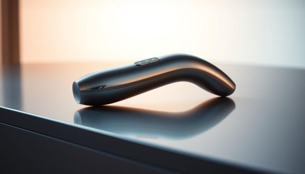 A high-performance pleasure device rests on a sleek, modern surface, its metallic finish gleaming under carefully positioned studio lighting. The device's ergonomic form and intuitive controls are highlighted, showcasing its user-friendly design. In the background, a minimalist backdrop in soft, soothing tones creates a sense of tranquility and relaxation, underscoring the device's promise of long-lasting, fuss-free pleasure. The angle and composition draw the viewer's attention to the device's key features, inviting them to imagine its seamless performance and exceptional battery life.