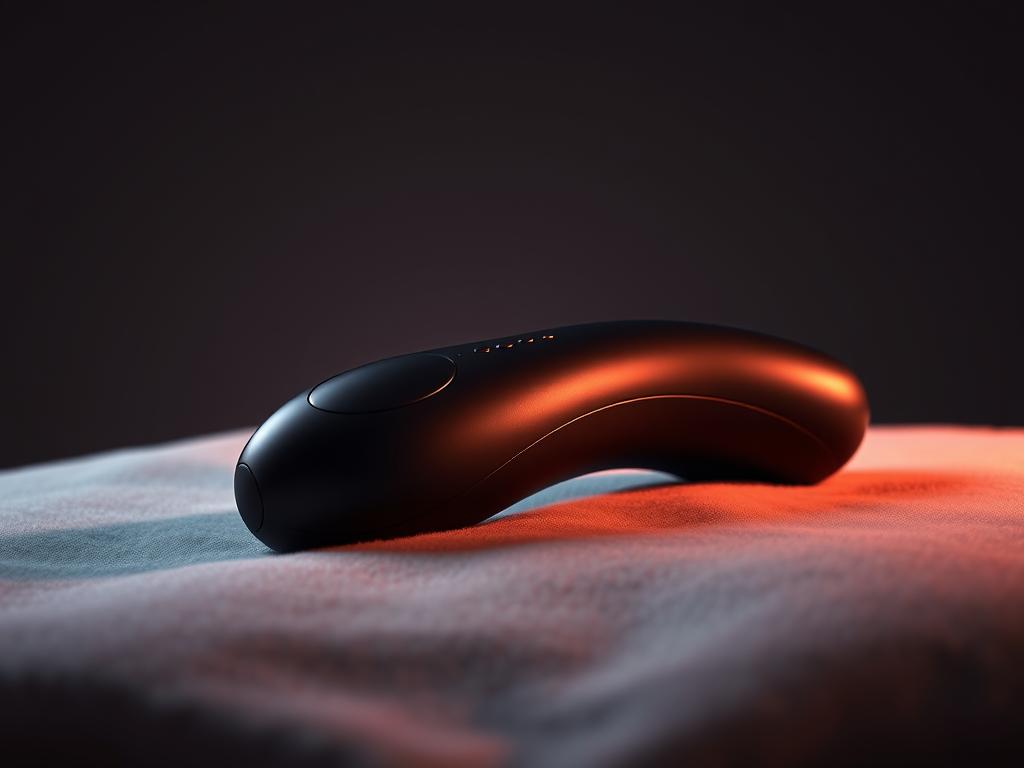 A high-quality, fully detailed remote-controlled vibrator resting on a soft, velvety surface. The device is shown from a side angle, with the sleek, contoured design accentuated by dramatic studio lighting, creating a sensual, high-end aesthetic. The background is a muted, neutral color that allows the product to take center stage. The overall mood is one of sophistication, luxury, and intimate allure.