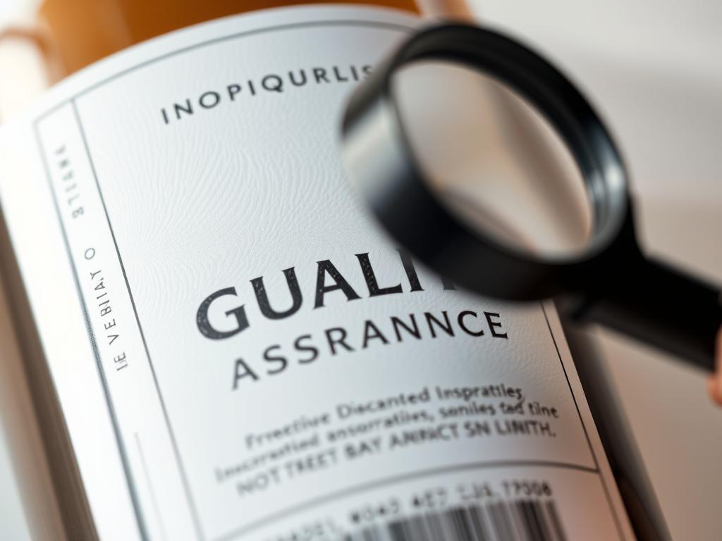 A high-quality product label with a clean, minimalist design, featuring a close-up view of a magnifying glass inspecting the label for quality assurance. The label has a tactile, embossed texture and a subdued color palette, conveying a sense of professionalism and attention to detail. The background is a soft, out-of-focus gradient, placing the focus on the label and the inspection process. The lighting is natural, with gentle shadows and highlights, creating a sense of depth and dimensionality. The camera angle is slightly elevated, giving the viewer a sense of authority and expertise.
