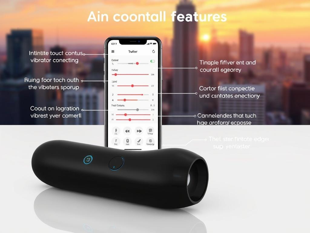 A high-quality, technically detailed illustration of app-controlled vibrator features. In the foreground, a modern, sleek vibrator device with intuitive touch controls and an LED status display. In the middle ground, a smartphone screen showing a vibrator control app with sliders, buttons, and connectivity indicators. In the background, a blurred cityscape with skyscrapers, conveying a sense of urban connectivity and digital technology. The lighting is soft and natural, with warm hints of sunset. The overall mood is one of discreet sophistication and cutting-edge innovation.