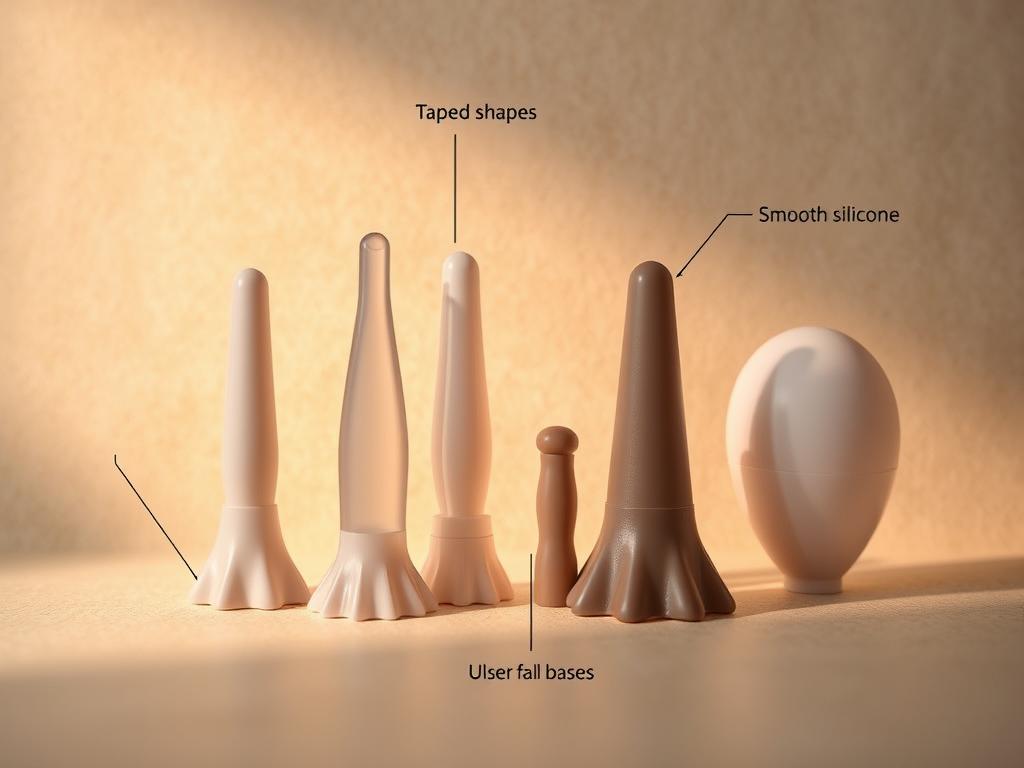 A highly detailed, macro-style illustration of various anal toy design features, showcased against a softly lit, textured backdrop. Prominently displayed are the tapered shapes, smooth silicone surfaces, and discreet flared bases characteristic of high-quality anal toys. The components are arranged in a visually appealing, almost anatomical manner, allowing the viewer to clearly understand the key functional elements. Subtle shadows and warm, indirect lighting create depth and a sense of tactility, while a neutral color palette maintains a clinical, educational tone befitting the subject matter.