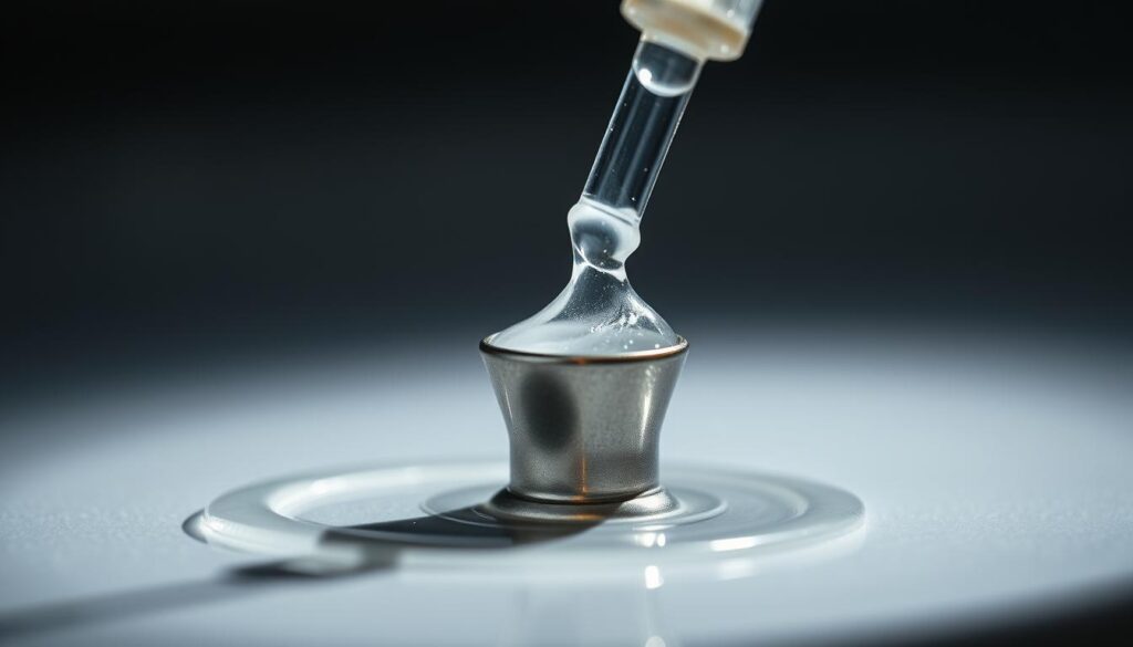 A highly detailed, macro-style photograph of a small metal sex toy being lubricated with a clear, viscous lubricant. The toy is positioned in the center of the frame, filling the majority of the image. The lubricant is being applied with a slender applicator, resulting in glistening, well-coated surfaces. The lighting is soft and diffused, casting gentle shadows that highlight the toy's contours. The background is blurred and muted, allowing the focal point to be the interaction between the lubricant and the metal surface. The overall mood is clinical yet sensual, emphasizing the importance of proper lubrication for safe, pleasurable play with metal toys.