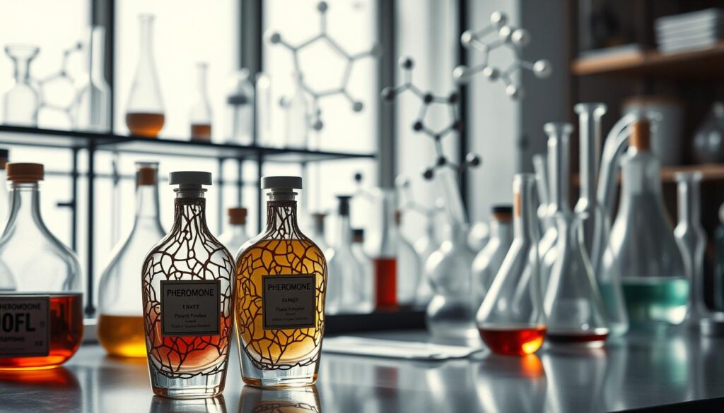 A laboratory workspace filled with scientific glassware, beakers, and test tubes. In the foreground, a row of perfume bottles with intricate, organic shapes, their labels indicating "Pheromone Perfume." The middle ground features various chemical compounds and molecular models, hinting at the complex interplay of pheromones and scent. The background is softly lit, with a muted palette suggesting the scientific, yet alluring nature of pheromone-based fragrances. The overall scene conveys a sense of experimentation, discovery, and the captivating power of human attraction.