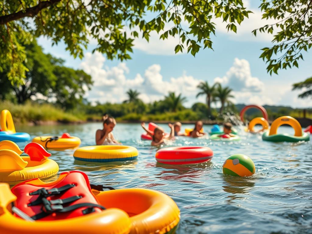 A lush, aquatic playground with vibrant, water-resistant toys floating and splashing in a serene, sun-dappled pond. In the foreground, a variety of colorful life jackets, inflatable rafts, and aquatic activity sets are arranged in a visually appealing display. The middle ground features children joyfully engaged in water-based games and sports, captured with a shallow depth of field that emphasizes the toys. The background depicts a tranquil, natural setting with verdant foliage and a softly clouded sky, creating a calming atmosphere. Warm, golden lighting casts a gentle glow across the entire scene, enhancing the sense of fun and relaxation.