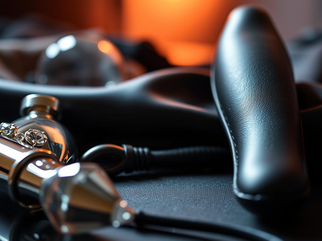 A luxurious arrangement of high-end sex toy materials, captured in a soft, intimate lighting. In the foreground, gleaming metallic and crystal accents catch the light, hinting at the premium craftsmanship. The midground features smooth, supple silicone and leather textures, conveying a sense of tactile opulence. In the background, a subtle play of shadows and highlights creates an atmosphere of sensual allure, suggesting the discretion and exclusivity of these elevated pleasure devices.