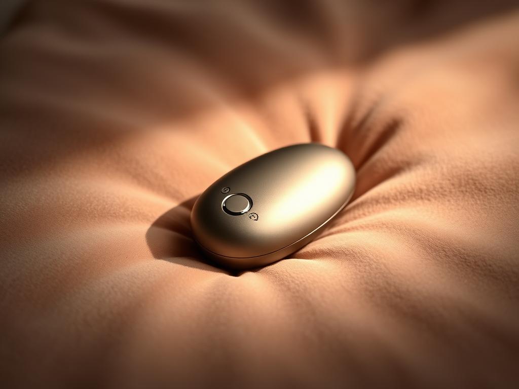 A luxurious, sleek, and discreet remote-controlled sex toy rests on a plush velvet surface. The device features a smooth, rounded design in a muted metallic tone, subtly accented with strategically placed control buttons. Soft, ambient lighting bathes the scene, creating an atmosphere of indulgence and sophistication. The toy's elegant lines and premium materials convey a sense of high-end luxury, inviting the viewer to imagine its specialized features and capabilities. The carefully composed frame emphasizes the toy's refined, minimalist aesthetic, hinting at the advanced technology contained within.