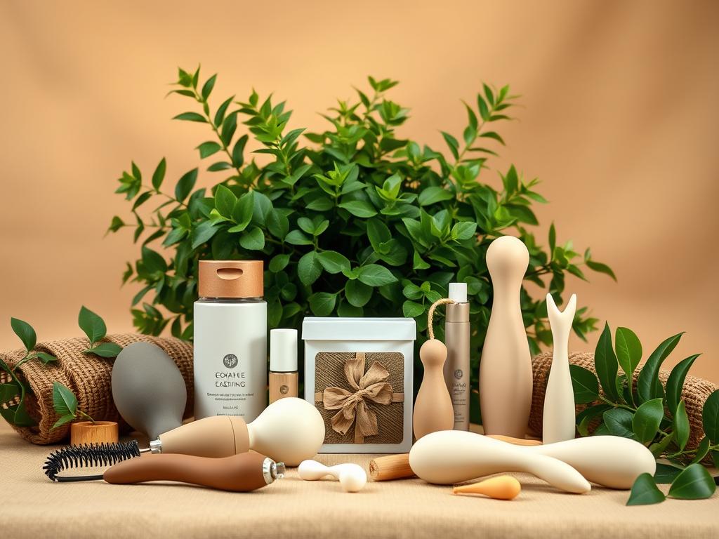 A meticulously arranged still life showcasing a selection of sustainable adult products, artfully displayed against a warm, natural backdrop. The foreground features a variety of non-toxic, body-safe toys and accessories, their sleek and minimalist designs reflecting an eco-conscious ethos. The middle ground introduces a lush, verdant foliage, creating a serene, earthy ambiance. Soft, diffused lighting illuminates the scene, evoking a sense of relaxation and well-being. The overall composition conveys a harmonious blend of functionality, aesthetics, and environmental responsibility, reflecting the essence of eco-friendly, non-toxic intimacy.
