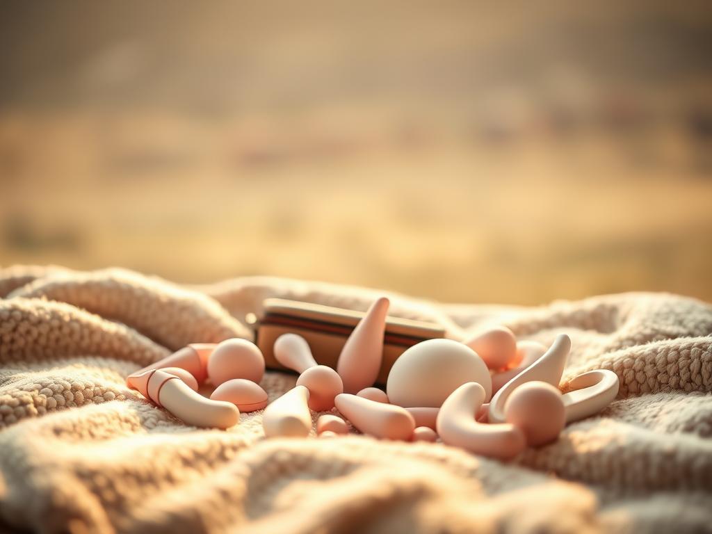A meticulously curated collection of travel-friendly sex toys resting on a plush, neutral-toned blanket. The foreground features various discreet, body-safe toys in soft pastel hues, arranged in an artful, inviting manner. The middle ground showcases a serene, out-of-focus landscape, suggesting the versatility of these items for any journey. The background is bathed in warm, golden lighting, creating a soothing, relaxed atmosphere. Subtle shadows and soft, diffused edges lend an elegant, high-end aesthetic to the scene. Captured with a shallow depth of field, the image emphasizes the tactile, intimate nature of the subject matter.