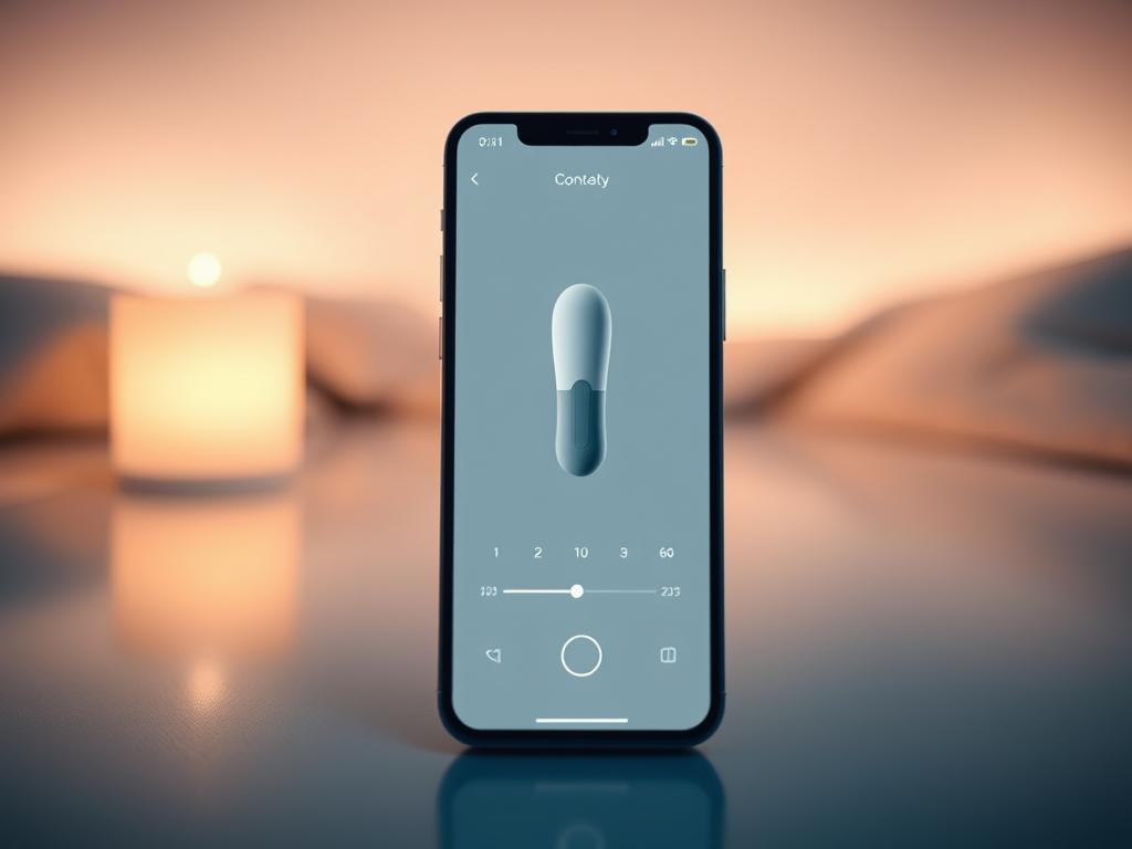 A minimalist and elegant mobile app interface showcasing a remote sex toy control system. Smooth, intuitive UI design with simple icons and a clean color palette of grays, blues, and whites. The interface features a central control panel with sliders and buttons to adjust the toy's intensity, patterns, and vibration modes. Soft ambient lighting illuminates the scene, creating a soothing, intimate atmosphere. The app is displayed on a high-resolution smartphone screen with subtle reflections, hinting at the discreet, private nature of the experience. The overall aesthetic conveys a sense of modern, technology-enhanced intimacy between partners.