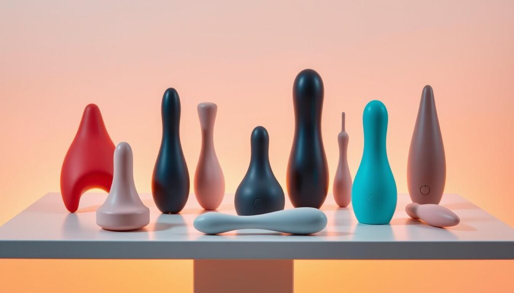 A modern and minimal product display showcasing an assortment of well-designed, high-quality beginner-friendly sex toys. The toys are arranged on a sleek, minimalist table with a soft, neutral-toned background, creating a clean and inviting atmosphere. Warm, diffused lighting casts a gentle glow, highlighting the smooth, tactile surfaces and innovative shapes of the toys. The composition is balanced, with the toys taking center stage, allowing the viewer to focus on their unique features and reimagined aesthetics. An overall sense of approachability, sophistication, and a celebration of human pleasure permeates the scene.