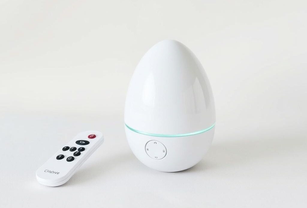 A modern egg vibrator with remote control on a neutral background