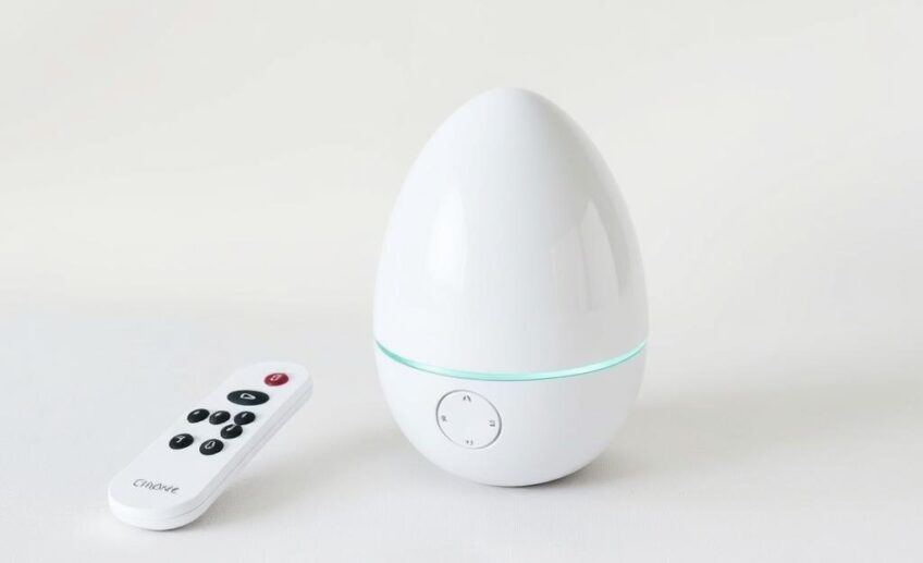 A modern egg vibrator with remote control on a neutral background