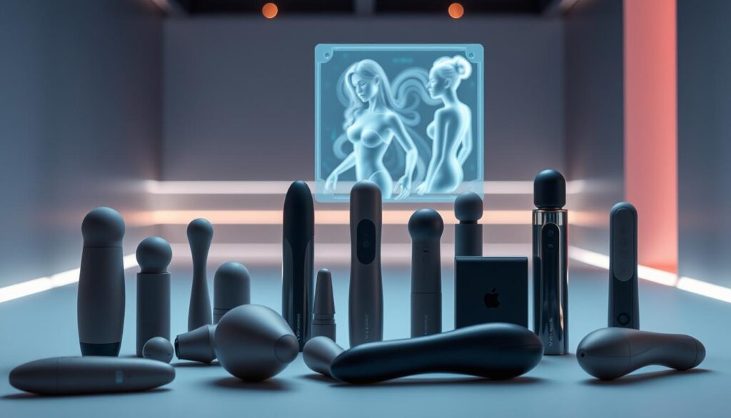 A modern, sleek composition showcasing cutting-edge sex tech toys. In the foreground, a range of discretely designed vibrators, massagers, and interactive devices in muted tones of silicone and metal. Artfully arranged against a minimalist backdrop, the toys convey a sense of high-tech sensuality. The middle ground features a holographic display projected from one of the devices, depicting a stylized 3D model. The background is a dimly lit, high-tech setting with clean lines and subtle ambient lighting, evoking a futuristic intimacy. The overall mood is one of sophisticated, discreet innovation - technology seamlessly enhancing intimate pleasure.