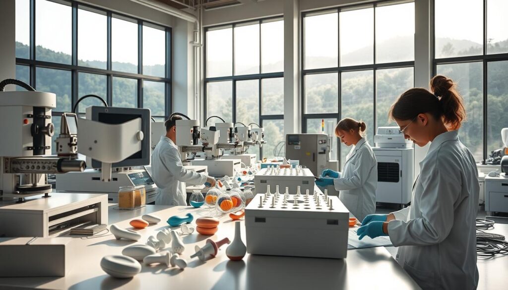 A modern sustainable sex toy manufacturing facility with large windows allowing natural light to flood the clean, minimalist workspace. Sleek, eco-friendly machines precisely craft toys from high-quality, body-safe materials. Skilled technicians in white lab coats carefully inspect each product. A sense of precision, care, and environmentalism pervades the scene. The facility is situated against a backdrop of lush, verdant hills, suggesting a harmony between industry and nature. Soft, diffused lighting creates a serene, professional atmosphere. The overall impression is one of responsible, ethical production of intimate products.