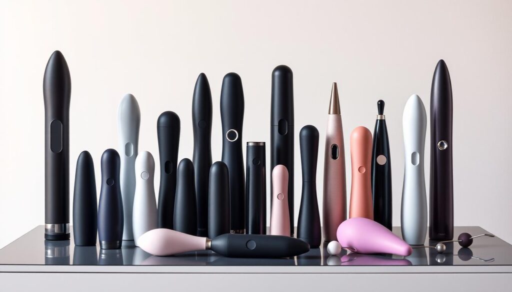 A neatly arranged display of various vibrator models, showcasing their diverse shapes, sizes, and vibration patterns. The vibrators are positioned on a sleek, minimalist table against a soft, neutral background. Subtle lighting accentuates the subtle curves and textures of the products, highlighting their quality craftsmanship. The composition suggests a sense of sophistication and practicality, inviting the viewer to consider the cost-effective options for their intimate needs.