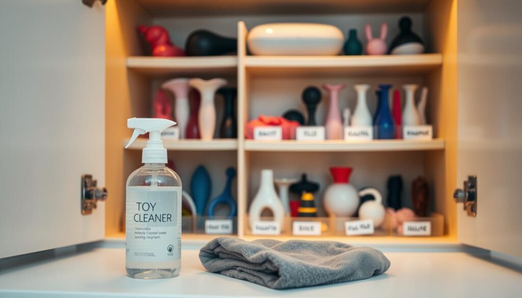 A neatly organized storage cabinet holds a variety of adult toys, each carefully cleaned and stored in their respective compartments. Warm, diffused lighting creates a calming atmosphere, while the arrangement of the items conveys a sense of order and diligence. In the foreground, a bottle of toy cleaner and a soft, lint-free cloth sit ready for the task at hand. The mid-ground features the cabinet's shelves, each with its own labeled sections for different toy types. The background showcases a minimalist, clutter-free space, emphasizing the importance of maintaining a safe and hygienic environment for intimate playtime.