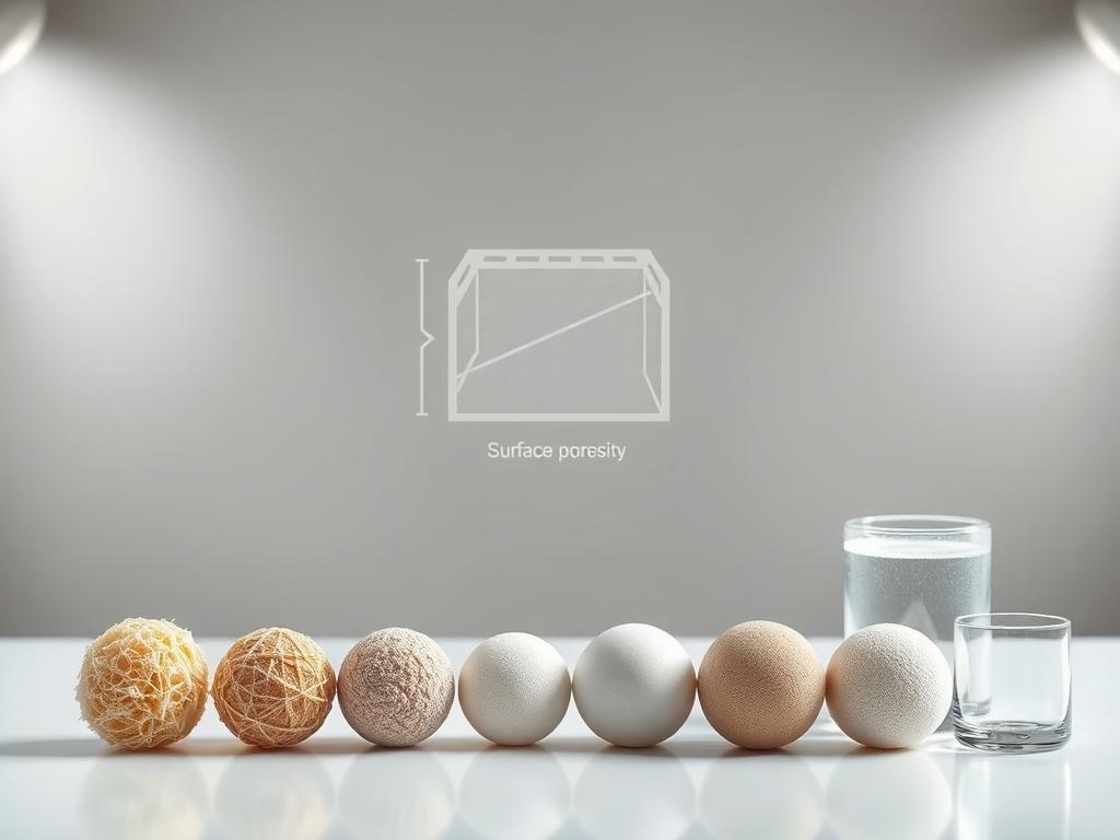 A perfectly lit table-top scene with two rows of objects in the foreground - one row of porous, textured materials like sponge and pumice, and another row of smooth, non-porous materials like glass and silicone. In the middle ground, a technical diagram illustrates the microscopic differences in surface porosity. The background is a clean, minimal studio setting with soft, even lighting from multiple angles, creating depth and highlights the materials' contrasting properties. The mood is clinical yet visually engaging, inviting the viewer to closely examine the tactile qualities of each object.