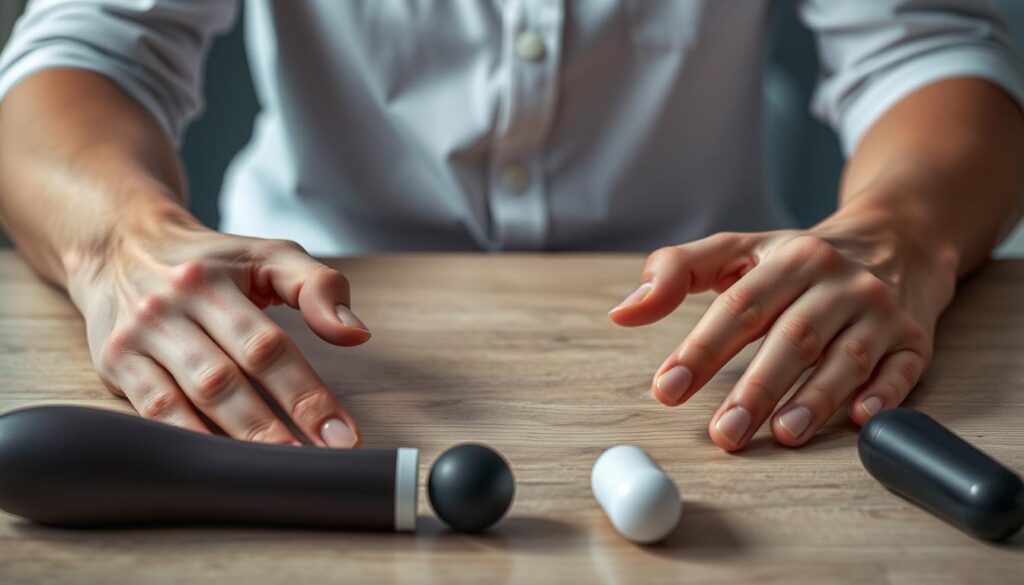 A person looking at different vibrator types displayed on a table, considering their options A person looking at different vibrator types displayed on a table, considering their options