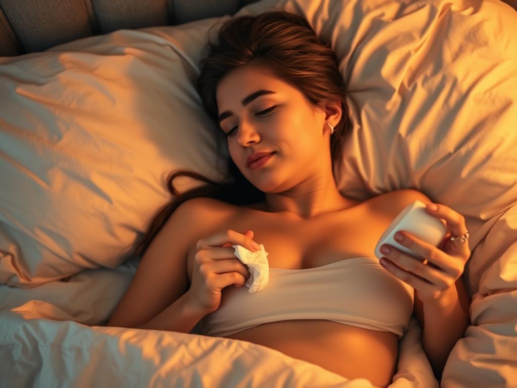 A person lying in bed, gently applying a soothing cream to their intimate area. Soft, warm lighting illuminates the scene, creating a calming, relaxing atmosphere. The expression on their face is one of gentle care and attention, as they focus on addressing their discomfort. The bedding is soft and inviting, creating a sense of comfort and safety. The overall mood is one of tenderness and self-care, reflecting the importance of addressing intimate health concerns with compassion and understanding.
