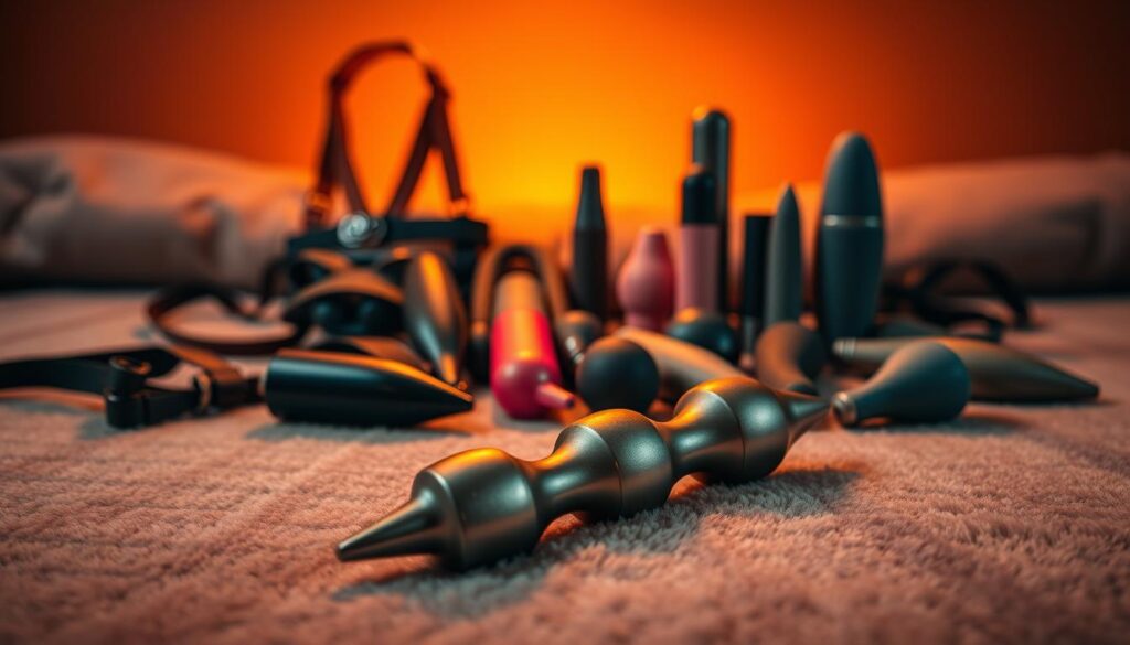 A playful arrangement of gender-defying sex toys resting on a plush, velvety surface. In the foreground, a sleek, metallic double-ended dildo curves seductively, hinting at the potential for shared pleasure. Behind it, a set of harnesses and straps in contrasting colors suggest the possibility of role reversal and power dynamics. The middle ground features a collection of vibrators and insertables of various shapes and sizes, radiating an aura of sensual exploration. The background is bathed in a warm, amber light, creating an intimate, sensual atmosphere that invites the viewer to imagine the delightful possibilities of this "Role-Reversal Toys for Playful Foreplay."
