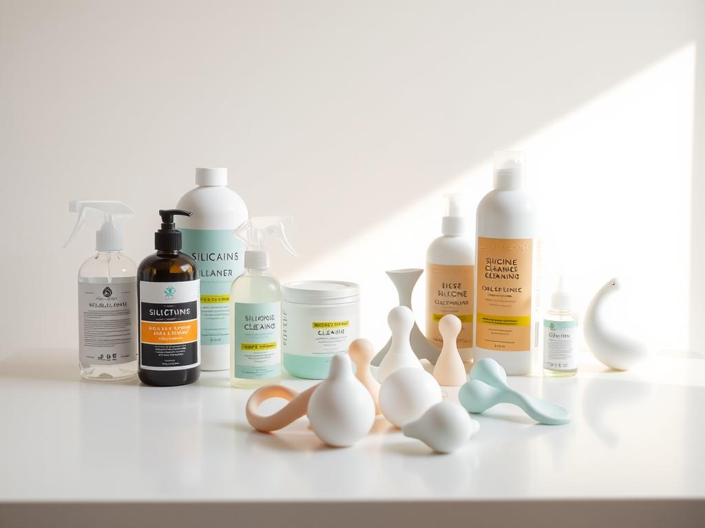 A pristine white tabletop, bathed in soft, natural light from a nearby window. Artfully arranged in the foreground, an assortment of silicone cleaning solutions - bottles and jars in various shapes and sizes, their labels showcasing a range of specialized formulas. The middle ground features a selection of silicone toys, gently reflecting the light, waiting to be refreshed and revitalized. In the background, a minimalist, neutral-toned wall provides a clean, uncluttered backdrop, allowing the cleaning products and materials to take center stage. The overall scene conveys a sense of purity, efficiency, and a commitment to maintaining the integrity of high-quality silicone goods.
