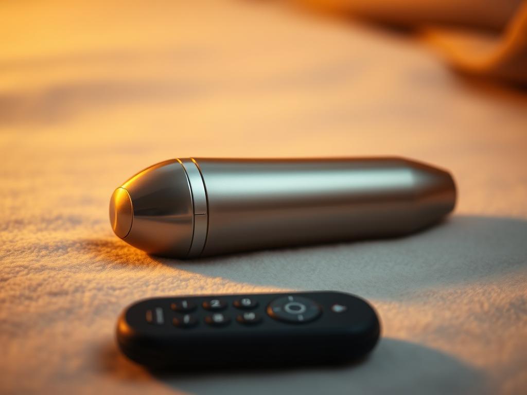 A remote-controlled bullet vibrator rests on a soft, plush surface, its sleek metallic body glistening under warm, flattering lighting. The vibrator's contoured shape and discreet size suggest its portability and ease of use. In the foreground, the device's wireless remote control stands ready, its simple interface hinting at the intuitive controls that allow the user to adjust the vibration intensity. The background softly fades, creating a sensual, intimate atmosphere that emphasizes the vibrator's purpose - to provide discreet, pleasurable stimulation whenever and wherever desired.