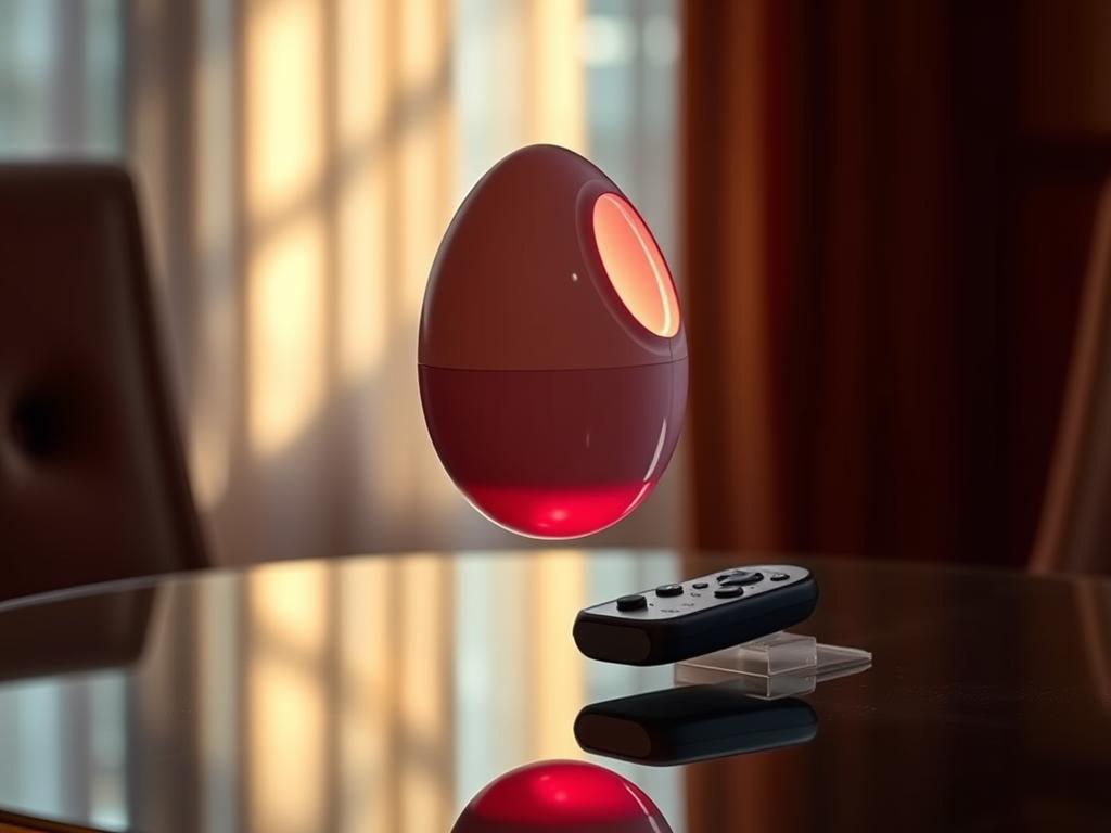 A remote-controlled vibrating love egg levitating above a shiny chrome tabletop, its pulsing lights casting a warm glow on the scene. The toy is elegantly designed, with a sleek, unobtrusive silhouette. Soft shadows play across the surface, hinting at the pleasure it can deliver. The image conveys a sense of sophistication and discretion, suitable for public use with the appropriate etiquette and safety precautions.