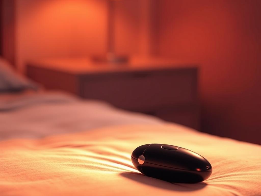A remote-controlled vibrator, sleek and discreet, resting on a soft, velvety surface. The device is illuminated by warm, indirect lighting, creating a subtle, sensual atmosphere. The vibrator is positioned in the foreground, its metallic accents gleaming subtly. In the middle ground, blurred out, a minimalist, modern nightstand or side table provides context. The background is hazy, almost dreamlike, with a muted color palette that enhances the intimate, private feel of the scene.