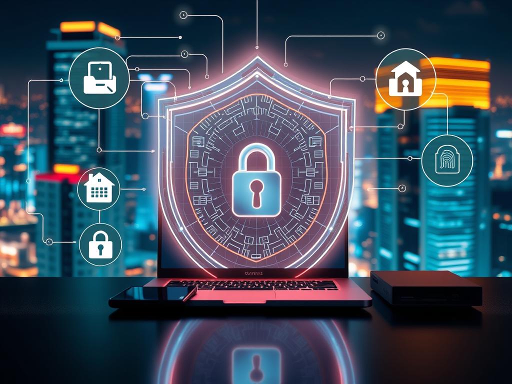 A secure digital environment with a laptop, smartphone, and smart home device surrounded by a shield of encrypted data, virtual private networks, and biometric security measures. A futuristic cityscape in the background, with glowing neon lights and sleek architectural designs, representing the interconnected nature of modern technology. The scene is illuminated by a warm, ambient lighting, creating a sense of safety and protection. The composition emphasizes the balance between technology and privacy, with the foreground objects and the background complementing each other to convey the idea of comprehensive digital security and privacy.