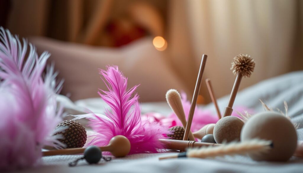 A sensual exploration of tactile delights. In the foreground, a variety of intriguing sensation toys - feathers, silks, and textured implements - await discovery. The middle ground features a serene, intimate setting, with soft lighting casting a warm glow. The background blurs into a dreamlike haze, evoking a sense of tranquility and focus. Angles and perspectives subtly guide the viewer's attention, inviting them to engage with the potential of sensation play. The overall mood is one of curiosity, anticipation, and the promise of new sensations to explore.