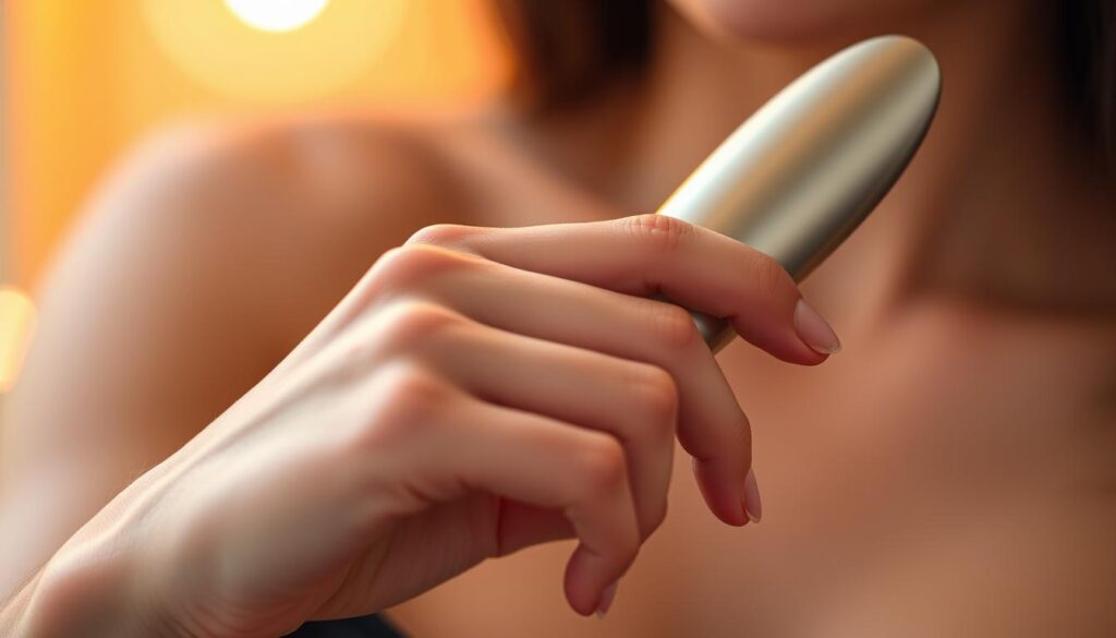 A sensual solo scene of a person's hand gently caressing the tip of a sleek, modern vibrator. The foreground is in sharp focus, highlighting the smooth, metallic finish and gentle curves of the toy. The background is softly blurred, creating a serene, intimate atmosphere. Warm, diffused lighting casts a soft, flattering glow on the skin, emphasizing the delicate, exploratory movements. The composition is framed to draw the viewer's attention to the point of contact, creating a sense of anticipation and personal connection. The overall mood is one of self-care, sensuality, and the mindful practice of edging.