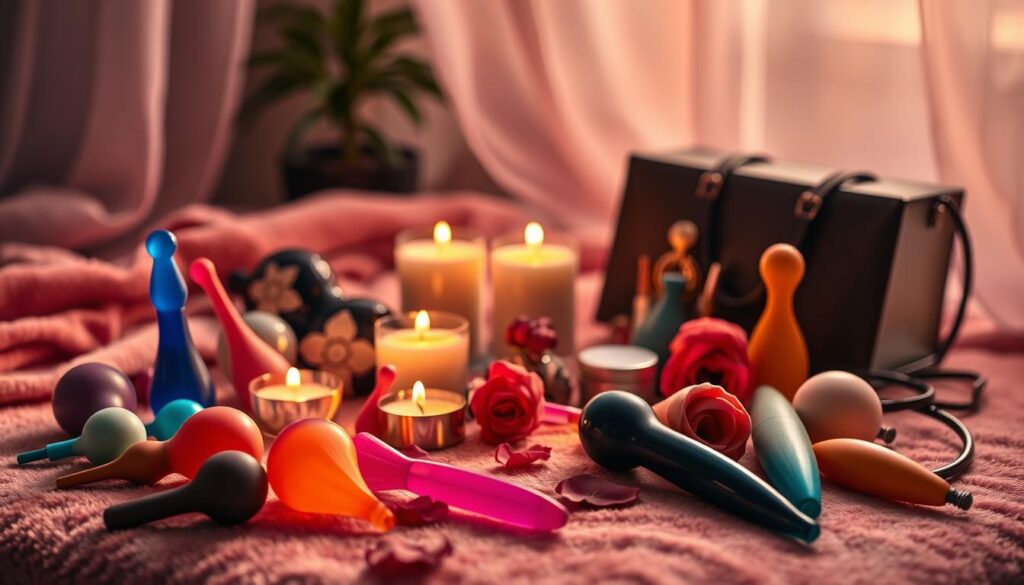 A sensual still life showcasing an array of adult toys and intimate accessories artfully arranged on a plush, velvety surface. Soft, warm lighting casts a seductive glow, accentuating the curves and textures of the toys. In the foreground, a selection of vibrant silicone and glass pleasure objects in a range of colors and sizes are displayed, hinting at the boundless possibilities of erotica play. The middle ground features a scatter of aromatic candles, rose petals, and other sensual accoutrements, creating an atmosphere of indulgence and pleasure. The background fades into a hazy, dreamlike ambiance, suggesting the transcendent nature of intimacy and sensuality. The overall mood is one of refined sensuality, inviting the viewer to explore the alluring intersection of toys and erotica.