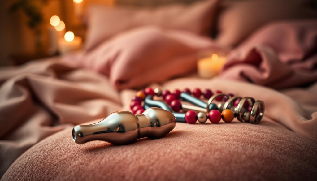 A sensual still life showcasing an array of pleasure enhancing toys. In the foreground, a gleaming stainless steel butt plug rests atop a plush, velvety cushion. Behind it, a string of colorful anal beads curves seductively. In the middle ground, a slim vibrator and a set of nipple clamps lie entwined, hinting at amplified sensations. The background features a softly-lit, intimate boudoir setting - plush fabrics, candlelight, and a hint of luxurious bedding. The overall mood is one of sophisticated, high-end eroticism, inviting the viewer to explore the synergistic potential of combined intimate accessories.