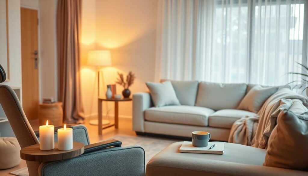 A serene and inviting living room scene with plush furniture, warm lighting, and a calming, minimalist aesthetic. In the foreground, an ergonomic chair and a side table with neatly arranged self-care items like scented candles, a journal, and a mug of herbal tea. In the middle ground, a large, comfortable sofa with throw pillows and a soft, cozy blanket. The background features a large window with sheer curtains, allowing natural light to filter in and create a sense of tranquility. The overall mood is one of relaxation, comfort, and enjoyment, reflecting the "tips for maximizing enjoyment and safety" theme.