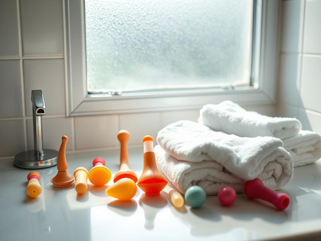 A serene bathroom scene, sunlight filtering through a frosted window. On the counter, an assortment of clean sex toys - dildos, vibrators, and butt plugs - arranged neatly, glistening with residual water. Soft white towels are folded nearby, ready to gently dry each item. The mood is calm, almost meditative, as the toys await their storage, poised to be preserved for future use. The camera captures this moment from a slightly elevated angle, emphasizing the careful preparation and attention to detail in this intimate process.